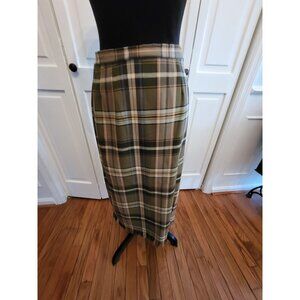 Vintage 90's Green Plaid Maxi Skirt Fringe sz 8P Preppy Academia Equestrian
